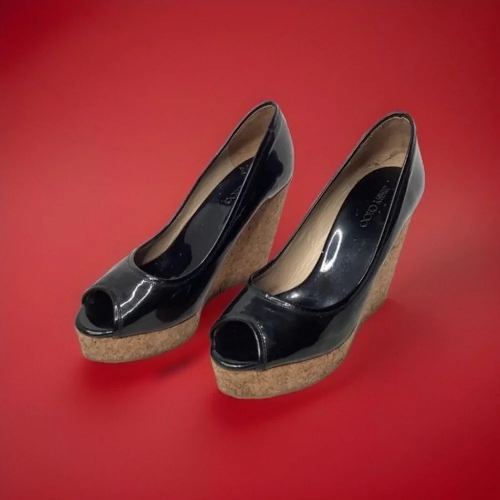 Jimmy Choo Black Patent Cork Wedge Peep Toe Heels Shoes 38.5 EU / US 8.5 - Picture 2 of 8
